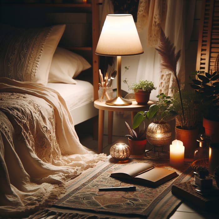 Cozy Bedroom Ambiance with Soft Lamp & Home Plants