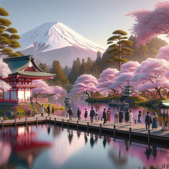 Picturesque Japan Landscape: Cherry Blossoms, Mount Fuji, Shinto Shrine