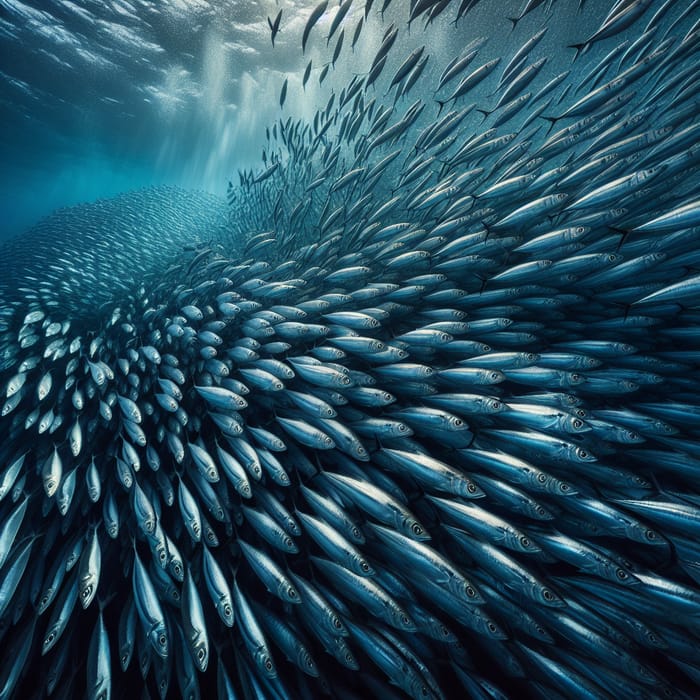 Fascinating School of Sardines - Unique Underwater Scene with Intriguing Visual Contrast