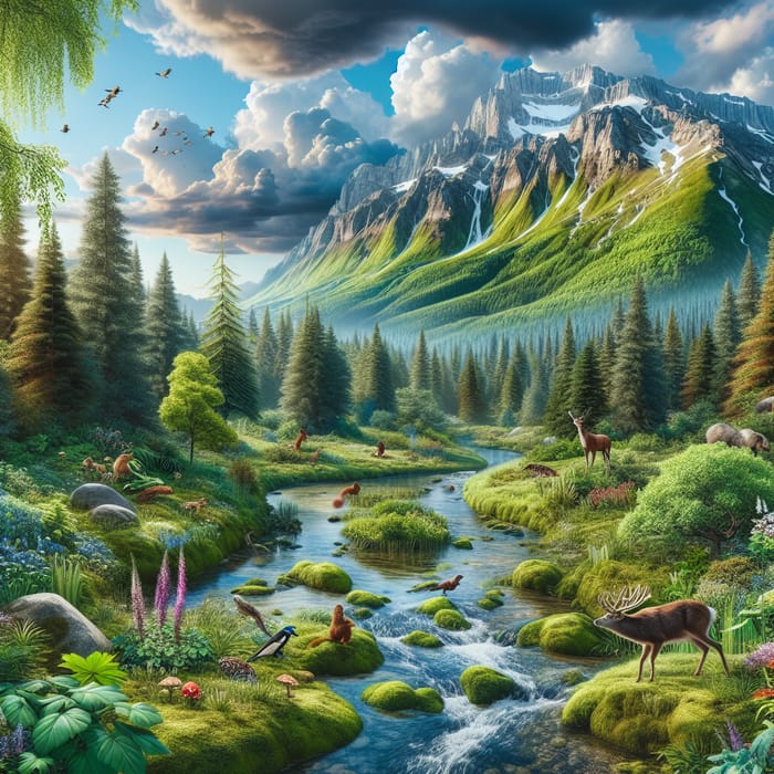 Serene Ecological Landscape with Flora and Wildlife