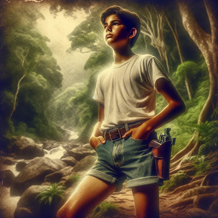 Confident Hispanic Teenager in Lush Forest with Water Pistol | Dramatic Artistry