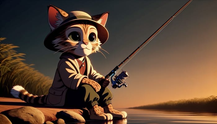 Adorable Humanoid Feline Fishing in Traditional Cloths | Calm Sunset Scene