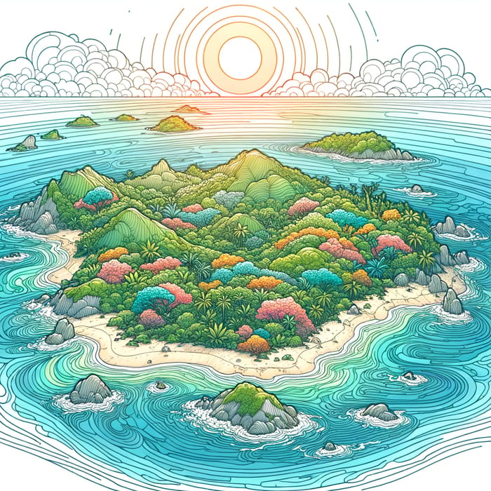 Vibrant Island Line Art: Colorful Tropical Paradise