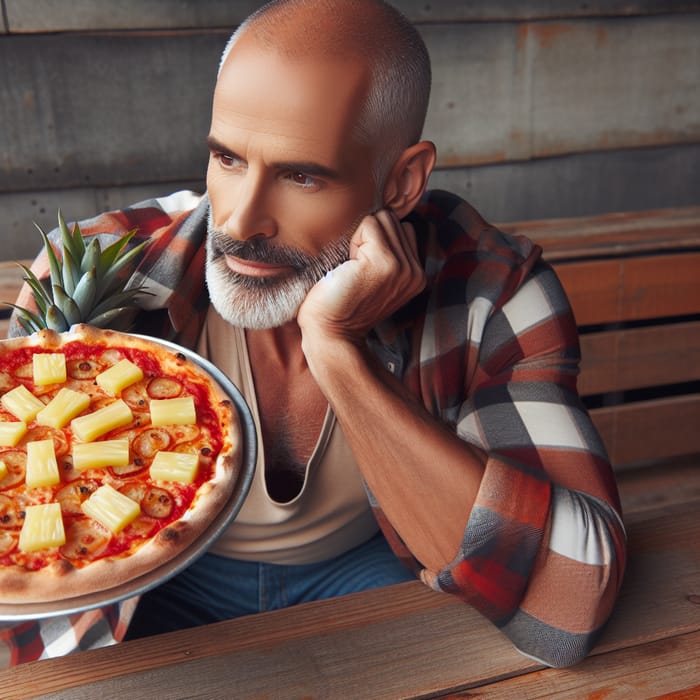 Average Build Bald Italian Man Looking at Pineapple Pizza