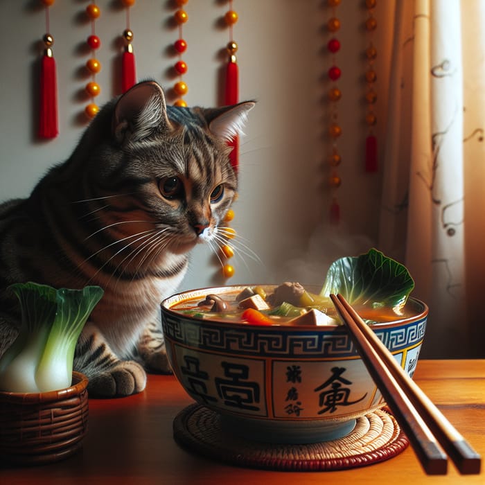 Cat Enjoying Malatang Soup with Bok Choy and Mushrooms