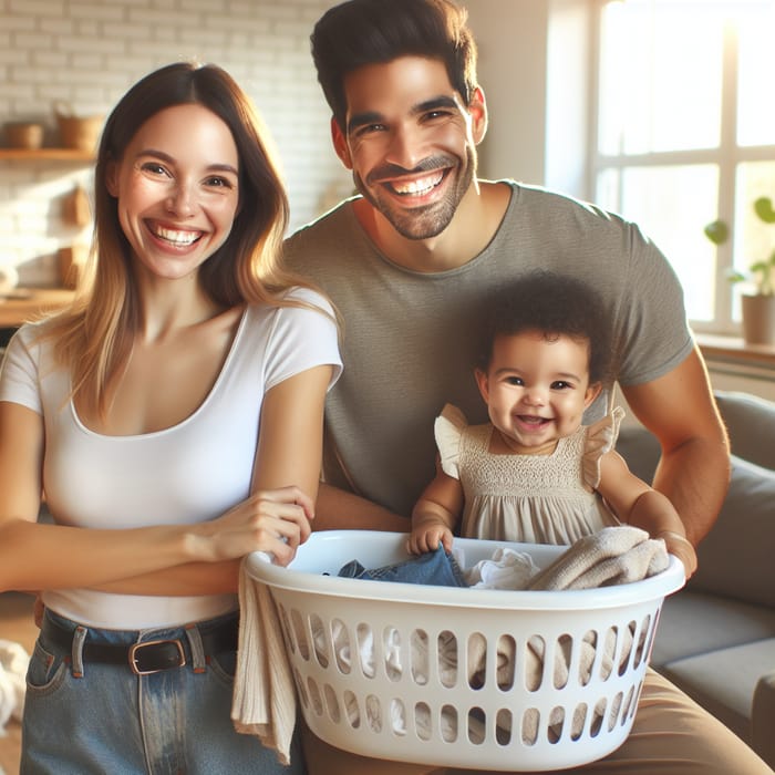 Happy Multicultural Family Doing Laundry Smiling Together