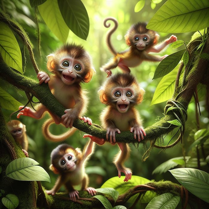 Playful Baby Monkeys Jumping in Rainforest