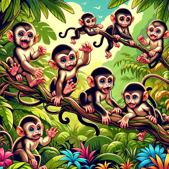 Cute Baby Monkeys Playing and Jumping in Forest Vector