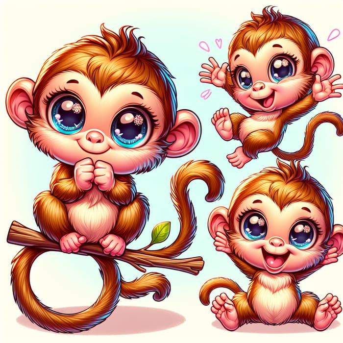 Cute Baby Monkey in 3 Poses - Vector Illustration