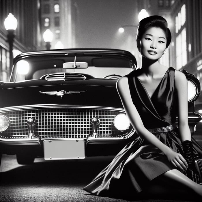 1957 Black Ford Thunderbird with Elegant Woman in Vintage Dress on City Night Street