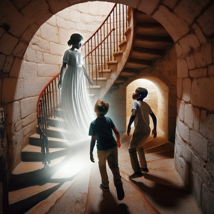Spiral Staircase Guide: Ghostly Girl Leads Boys in Lighthouse