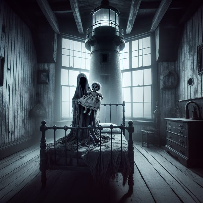 Spooky Black Ghost in Haunted Lighthouse with Doll