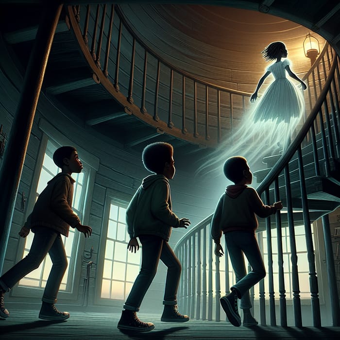 Black Ghost Girl Guides Boys Up Lighthouse Staircase