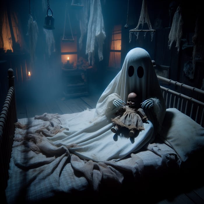 Spooky African American Ghost with Doll in Haunted Lighthouse Bedroom