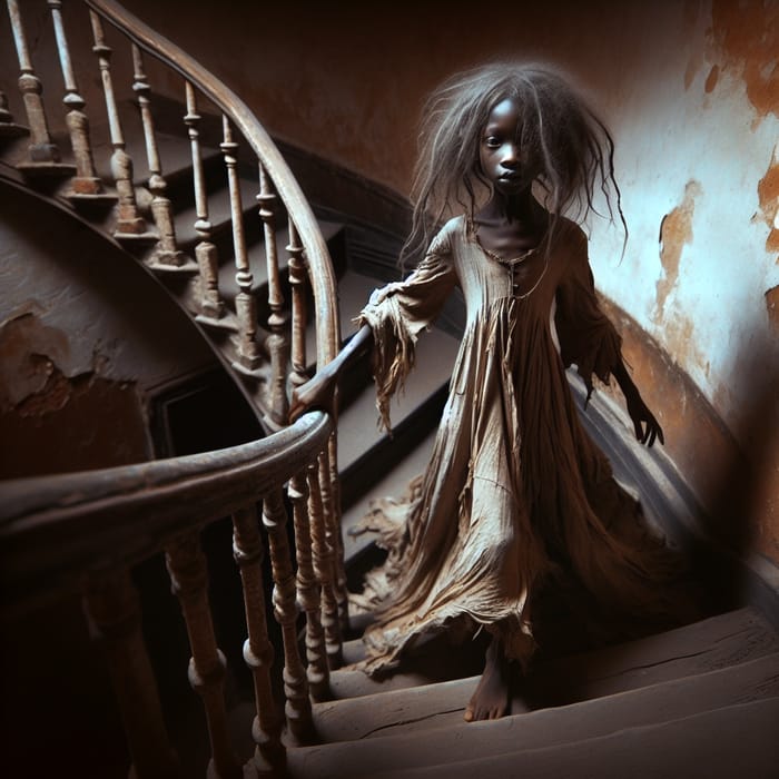 Young African American Girl in Tattered Dress Ascending Spiral Staircase