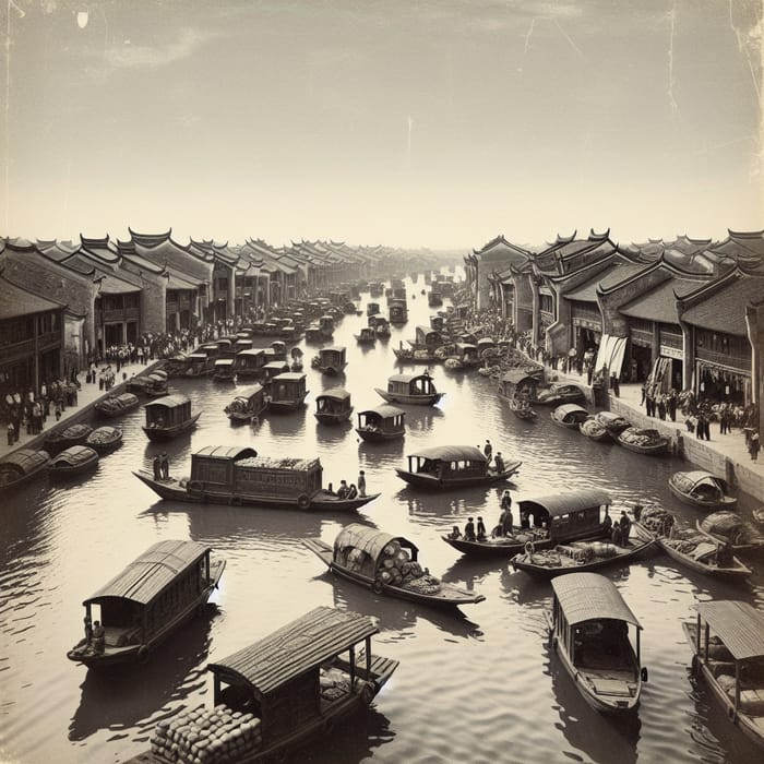 Qing Dynasty Harbor Scene with Small Boats in Tranquil Waters