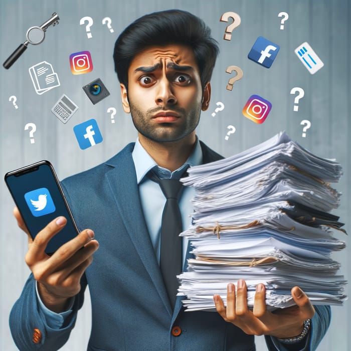 Confused Entrepreneur Balancing Business Papers & Instagram on Phone | Website