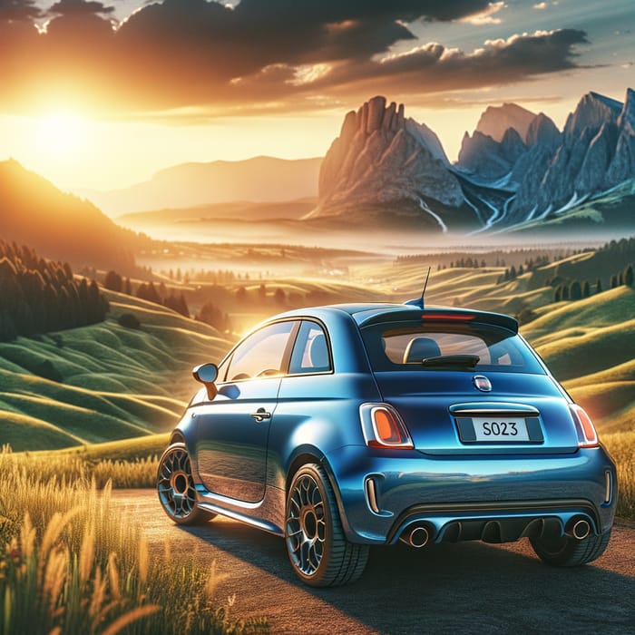 Vivid Blue Sports Car Back View in Majestic Natural Landscape