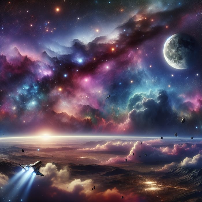 Stunning Space Illustration: Nebulae & Space Shuttle