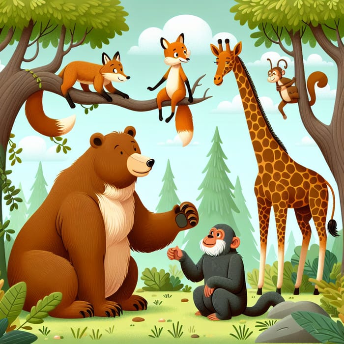 Whimsical Forest Wildlife Interaction with Bear, Fox, Giraffe, Monkey, and Squirrel