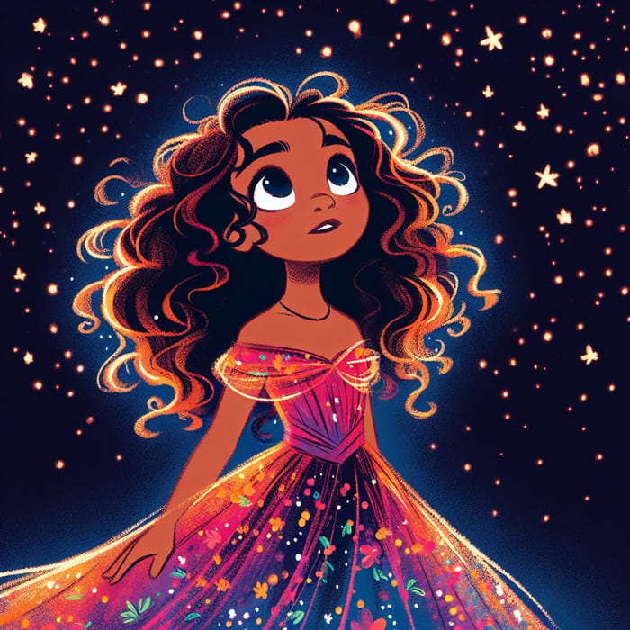 Disney-Style Girl Under Sparkling Starry Night Sky