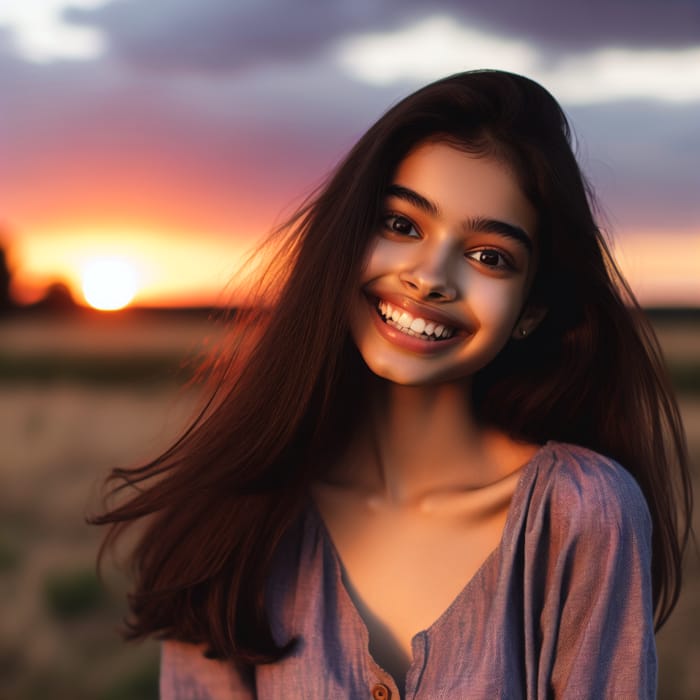 Serene South Asian Girl Enjoying Sunset in Open Field