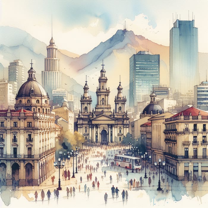 Watercolor Travel Art of Santiago City Scene