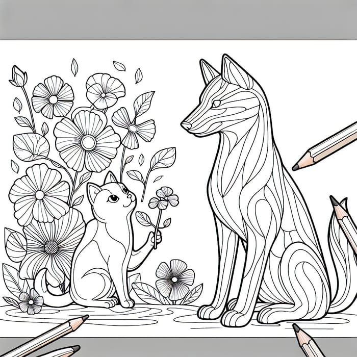 Cat and Dog with Flowers Coloring Pages - Outline Cartoon Style