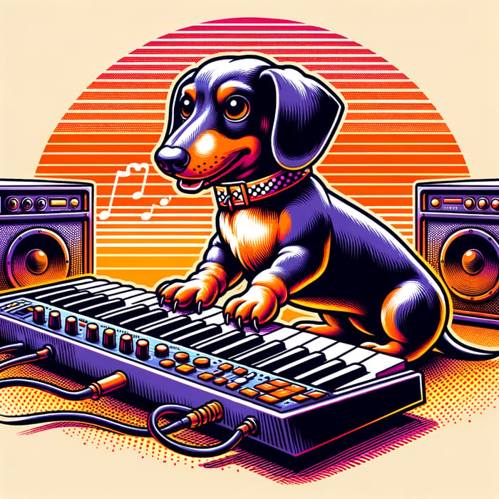 80s Retro Dachshund Keyboard Player | Energetic Cartoon Art