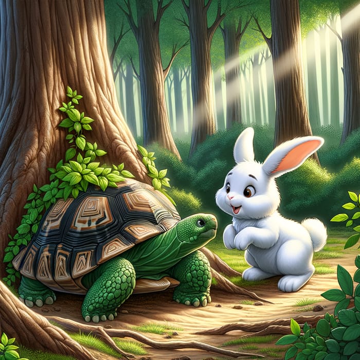 Cheerful Bunny Playfully Tricks Green Tortoise in Forest Setting
