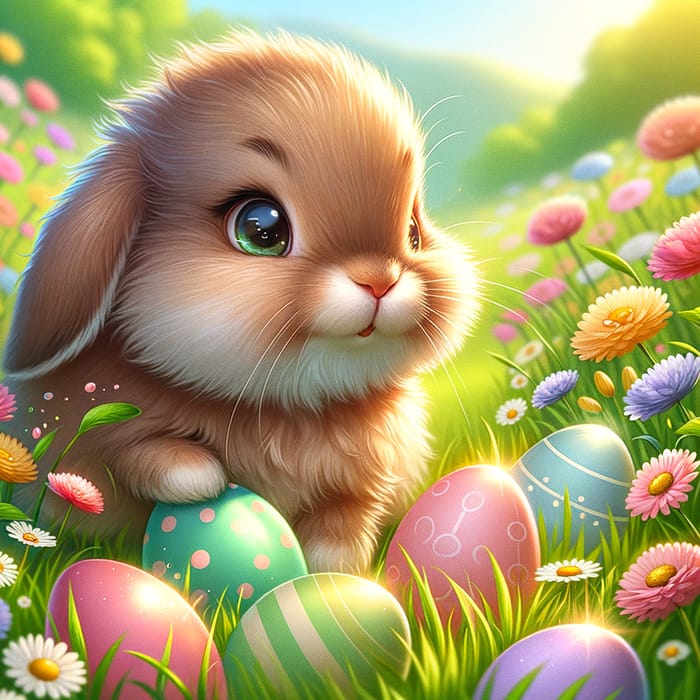 Adorable Easter Rabbit Searching for Eggs among Spring Flowers
