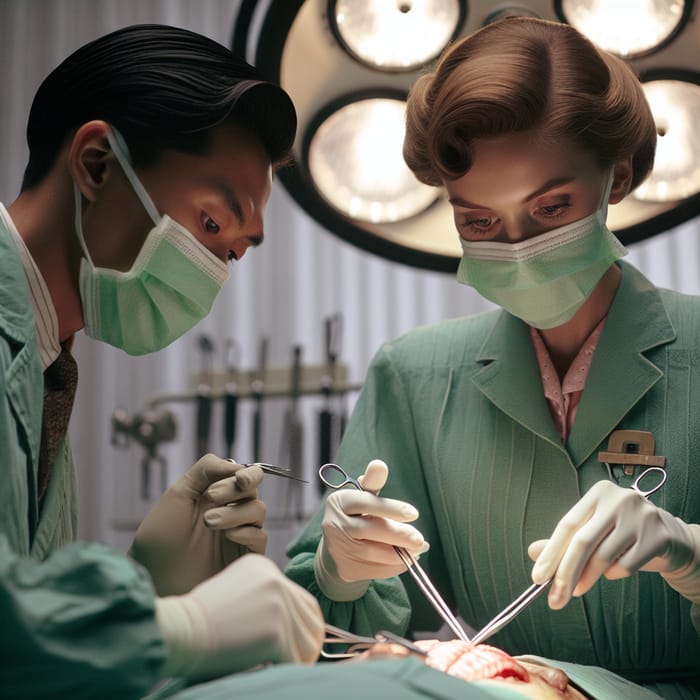 Caucasian Female Doctor Performing Surgery in 1960s Setting