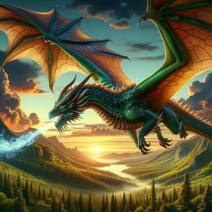 Majestic Dragon Soaring Over Verdant Forest | Enchanting Mythical Creature Imagery