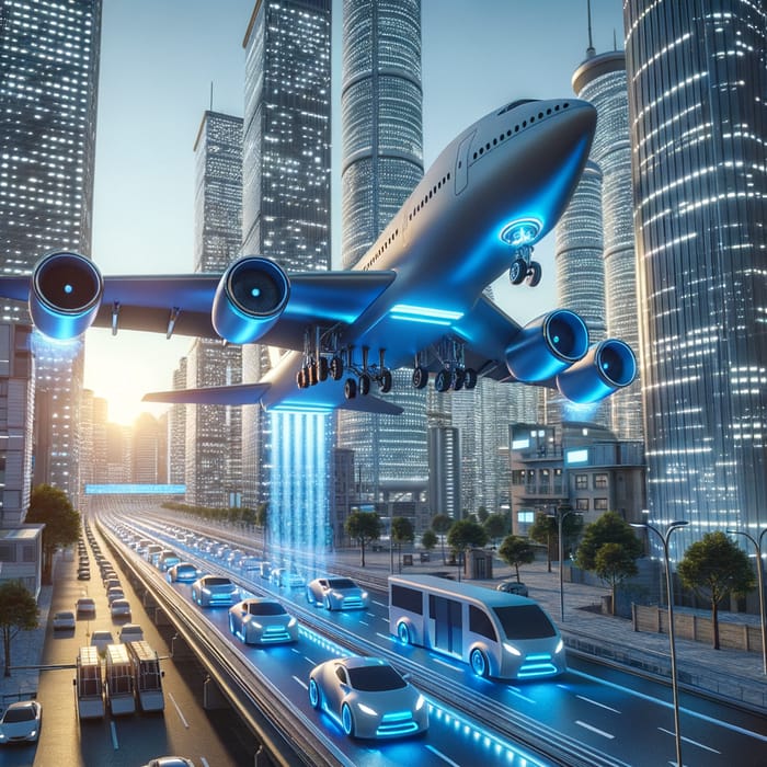 Futuristic 3D Car-Airplanes Transporting Goods in Dynamic Cityscape