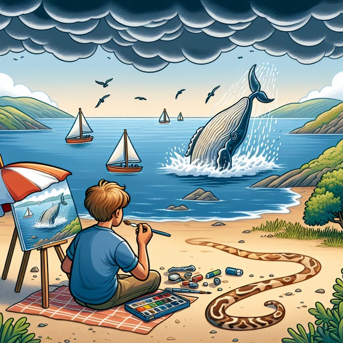 Young Artist Painting Whale by the Bay | Serene Scene