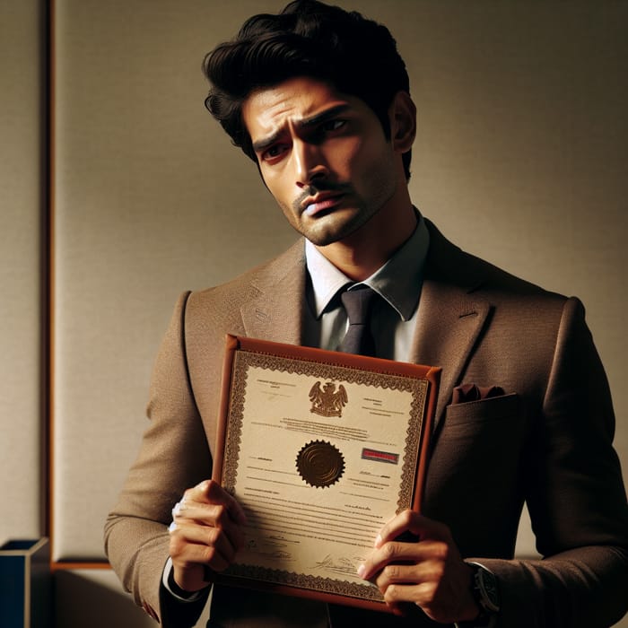 Worried Man in Formal Suit with Certificate