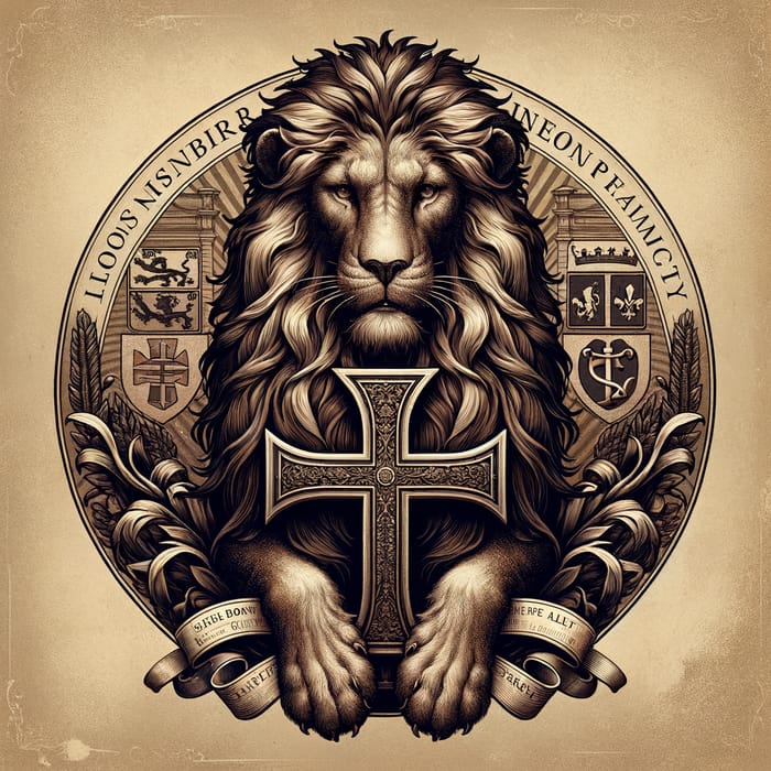 Historical Demi-Rampant Lion Holding Cross Crosslet - Russell Family Insignia