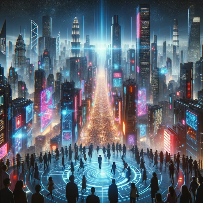 Vibrant Cyberpunk Cityscape with Neon Lights and Crowds