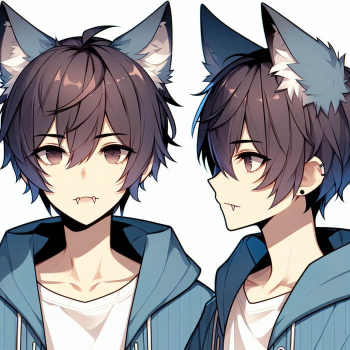 Anime Cute Boy with Wolf Ears in Blue Hoodie | Fantasy Character Design