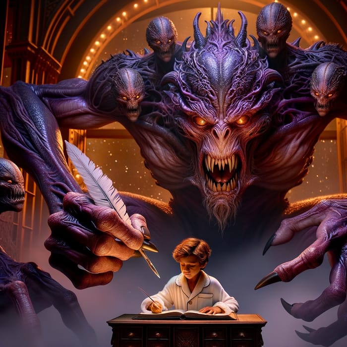 Dark Fantasy Illustration: Enormous Quad-Armed Monster Writing in Book