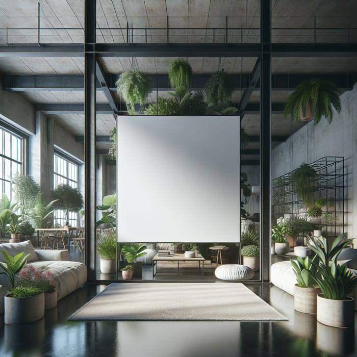 Industrial Living Room with Lush Houseplants and Minimalist White Poster