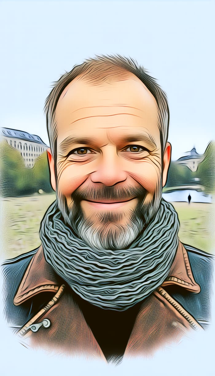 Happy Caucasian Man in His 40s with Crinkle Scarf Celebrating Birthday in Berlin Grunewald