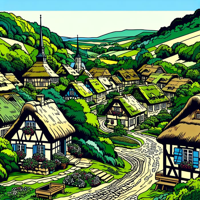 Charming Village Amidst Rolling Hills & Lush Forests | Idyllic Cartoon Setting