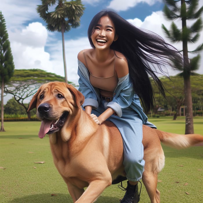 South Asian Woman Playfully Riding Labrador Dog | Joyful Park Scene