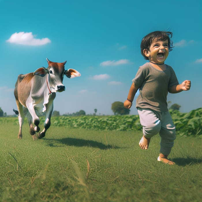 South Asian Child Running in Green Field with Cow Chase - Joyful Scene Captured
