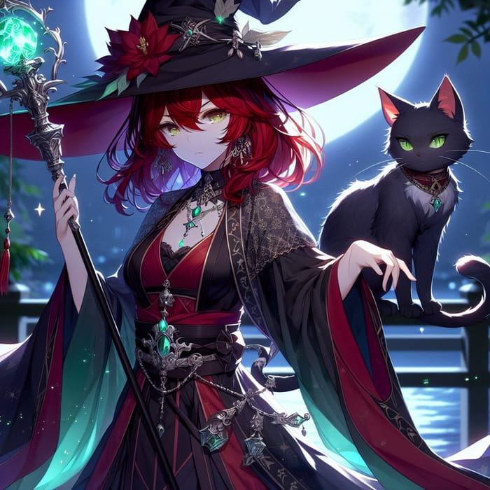 Stunning Anime Red-Haired Witch & Black Cat Art