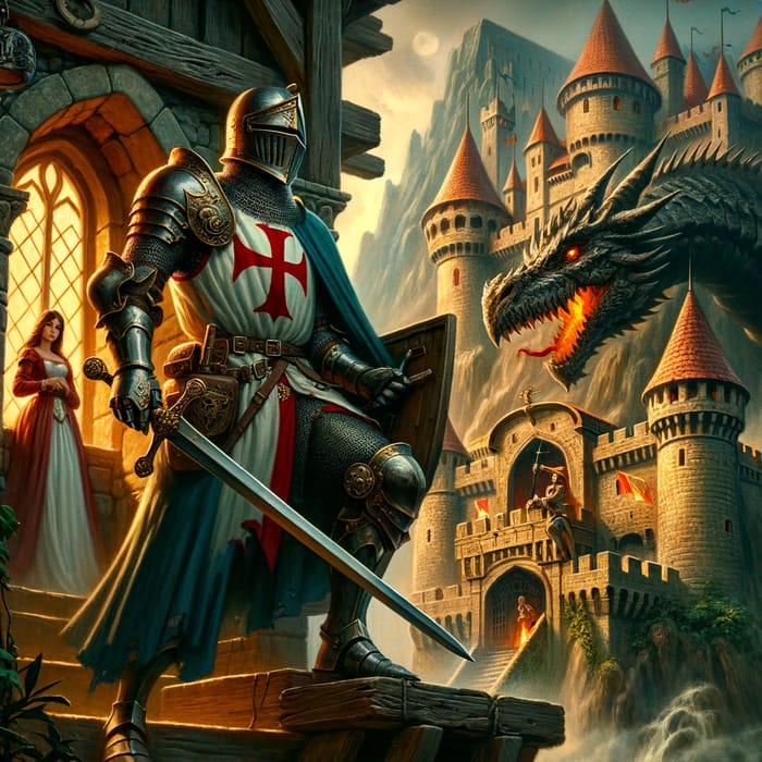 Templar Knight Rescues Princess from Dragon in Castle