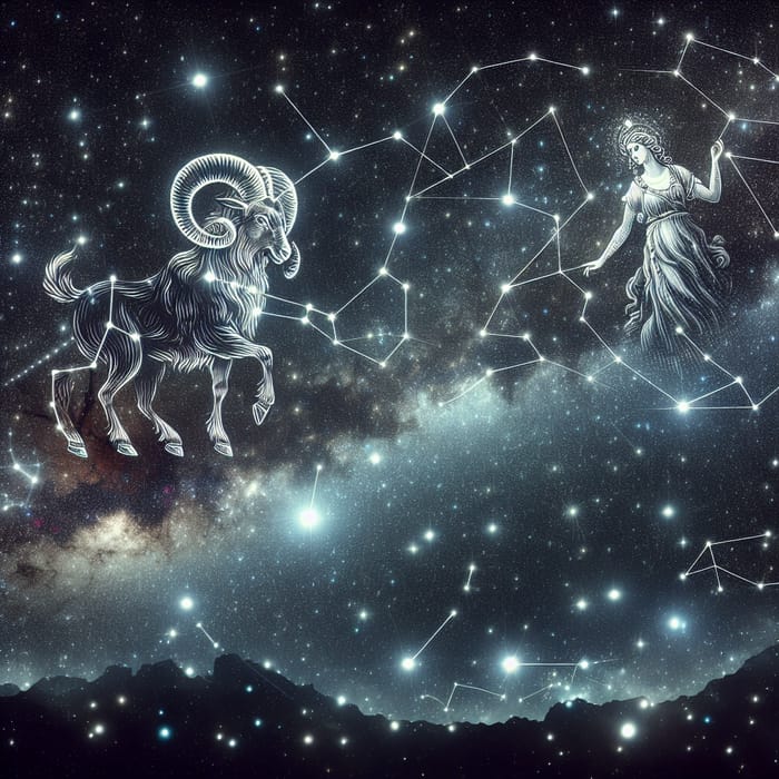 Aries and Virgo Constellations in the Celestial Night Sky