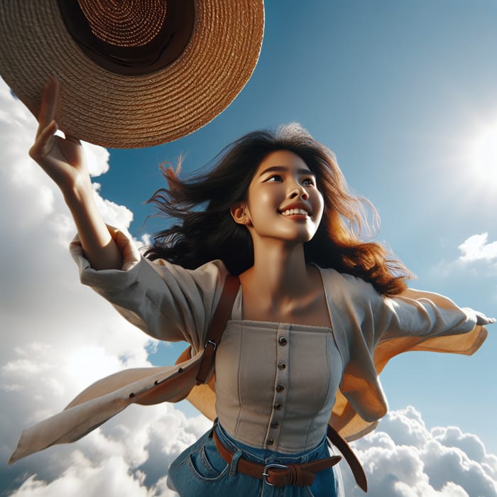 Girl Flying in Sky with Hat in Hand | Serene Sunlight Scene