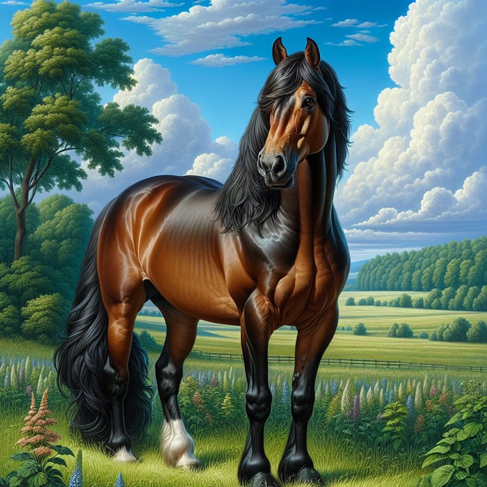 Majestic Chestnut Brown Horse in Verdant Pasture